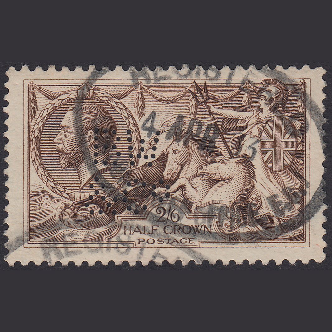 GB KG5 1918 2/6 Chocolate-Brown Seahorses SG414-N65(2) FU B W & Co Perfin