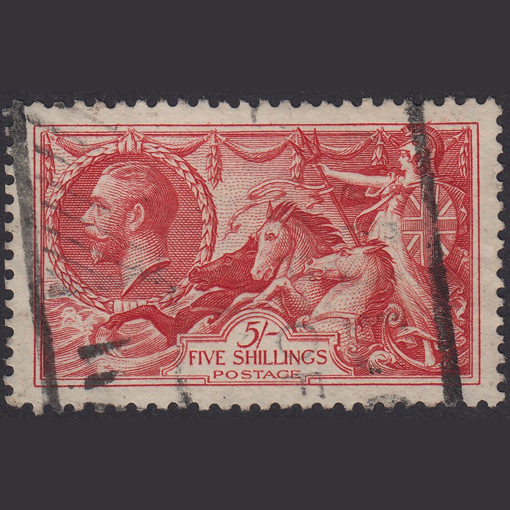 GB KG5 1934 5/- Bright Rose-Red Seahorses SG451-N74 FU Light Cancel