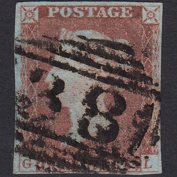 GB QV 1841 1d Very Blued (Plate 68) SG8a-B1(2) GL FU 4 Margins Aylesbury 38