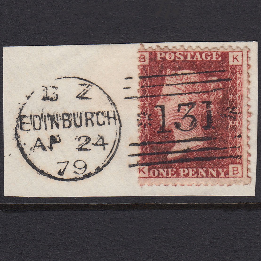 GB QV 1864 1d Lake-red (Plate 208) SG44-G1(2) KB FU Edinburgh 131 on Piece