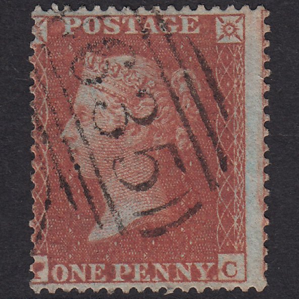 GB QV 1855 1d Red-Brown Plate 3 SG21-C4(1) PC GU Reading 635 Tear