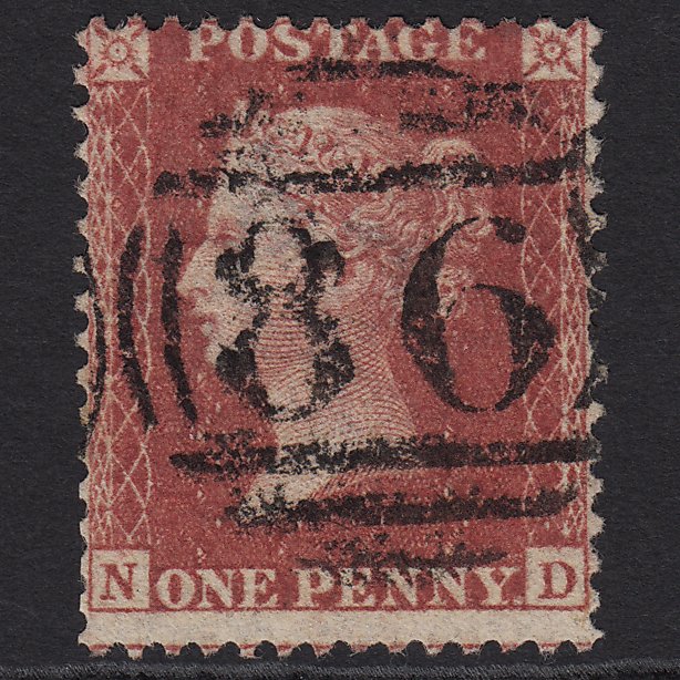 GB QV 1857 1d Rose-red (Plate 43) SG40-C10(1) ND FU Blackburn 86 Misperf