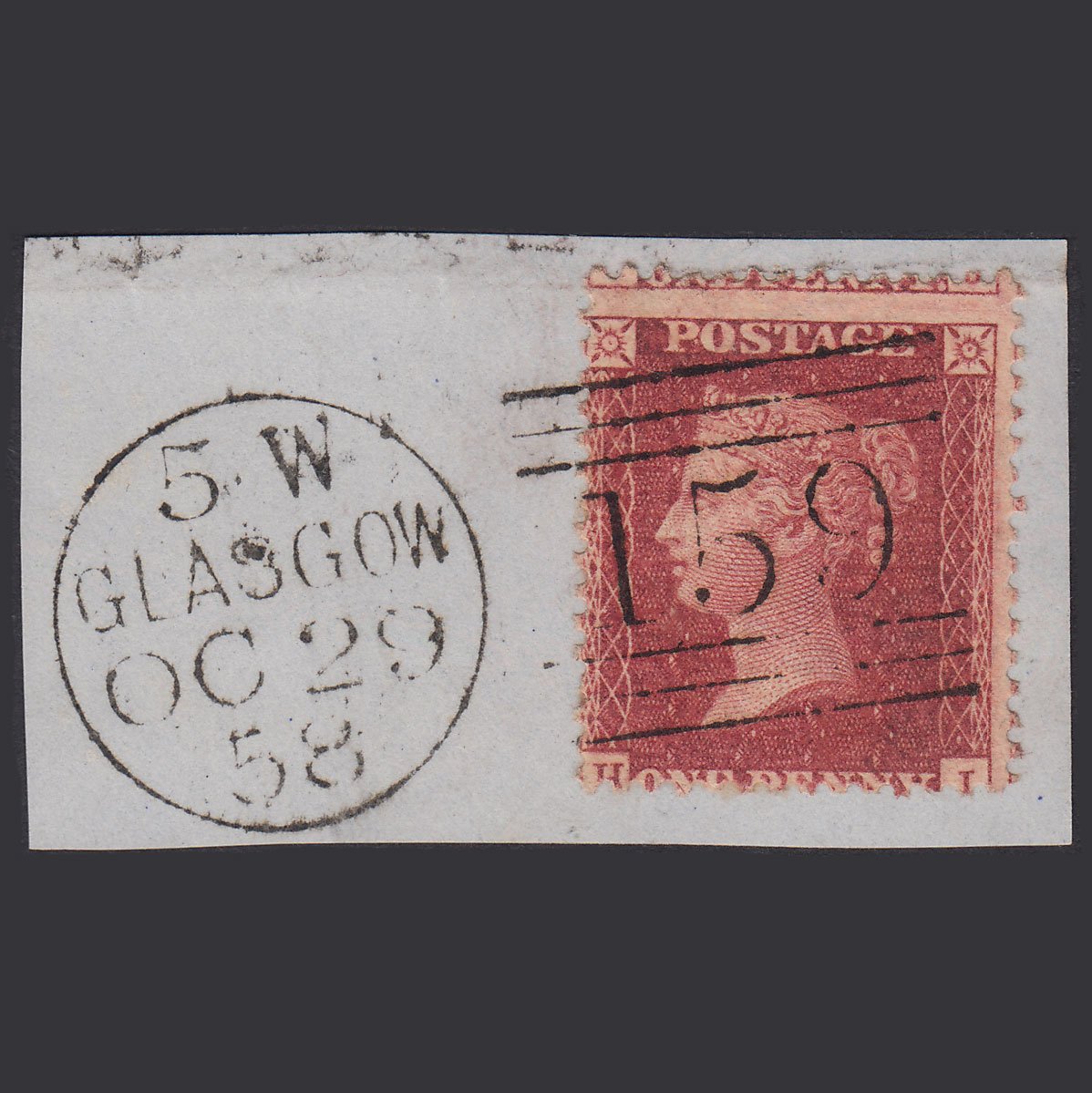 GB QV 1857 1d Rose-Red SG40-C10(1) HJ FU Glasgow 159 Misperf On Piece