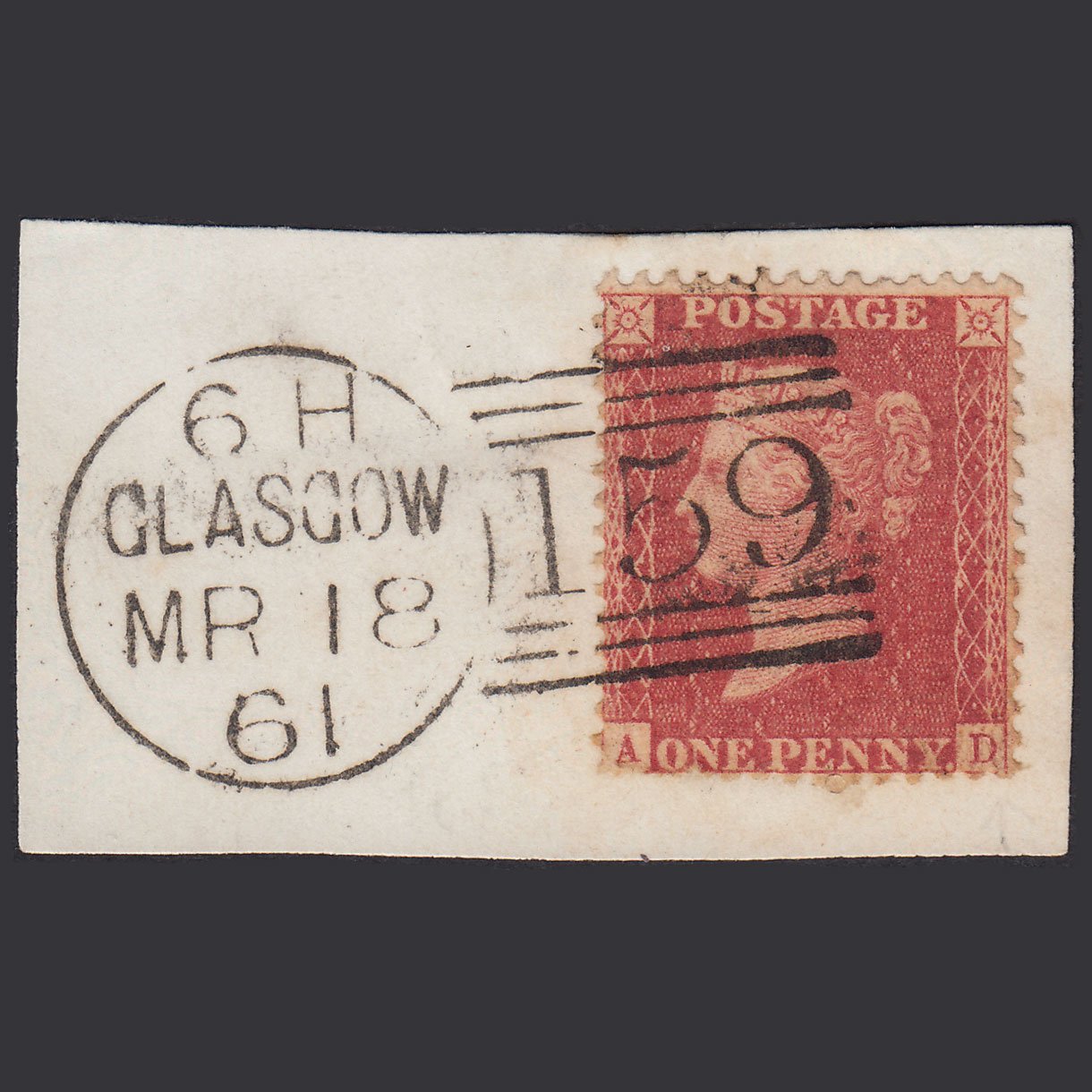 GB QV 1857 1d Pl 56 SG40-C10(1) AD GU Miss Imprimatur Glasgow 159 On Piece