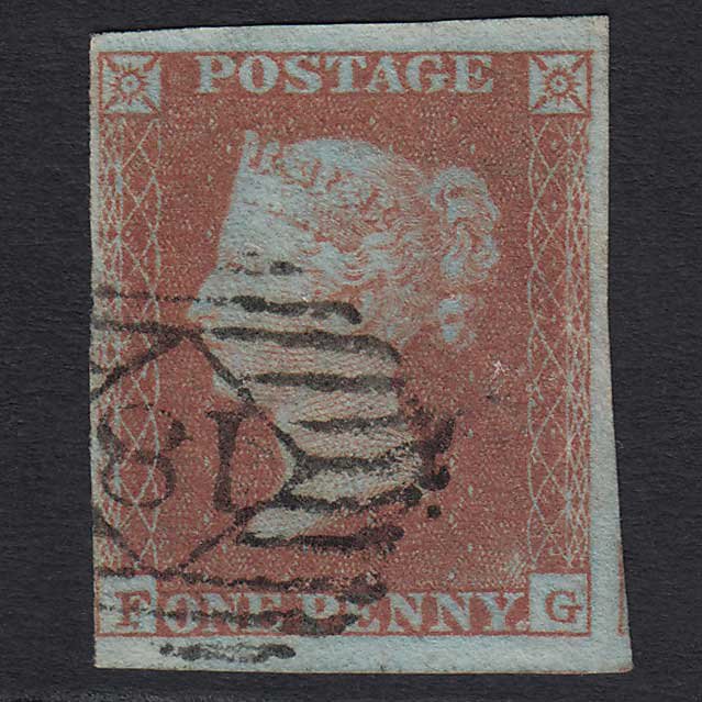 GB QV 1841 1d Red-brown (Plate 142) (SG8) 'FG' FU nr 4 Margins London IS 18