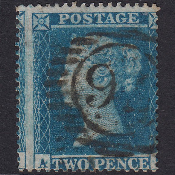 GB QV 1854 2d Pale Blue Pl 4 SG20-F1(2) AD FU London D&S 76 Large Misperf