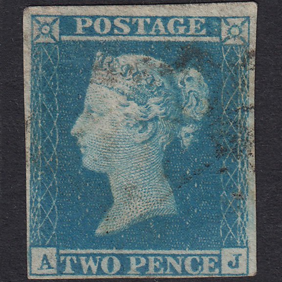 GB QV 1841 2d Pale Blue Plate 3 SG13-E1(1) AJ GU 4 Margins Light Cancel