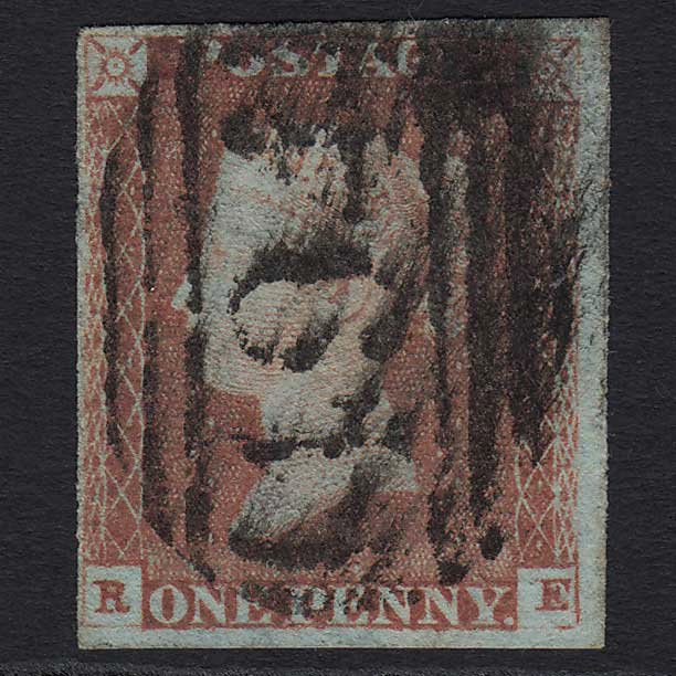 GB QV 1841 1d Red-brown (Plate 78) (SG8) 'RE' GU Maldon (494) 4 Margins