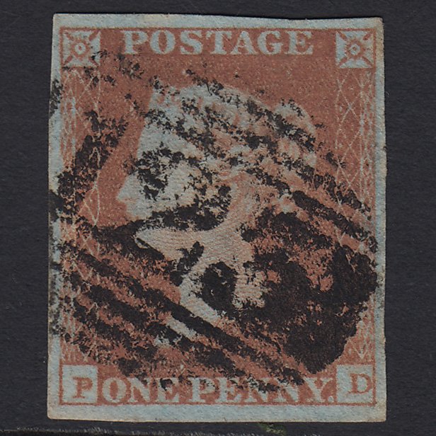 GBqv 1841 1d V Blued (Plate 111) SG8a-B1(2) PD GU 4 Margins Bridgewater 123