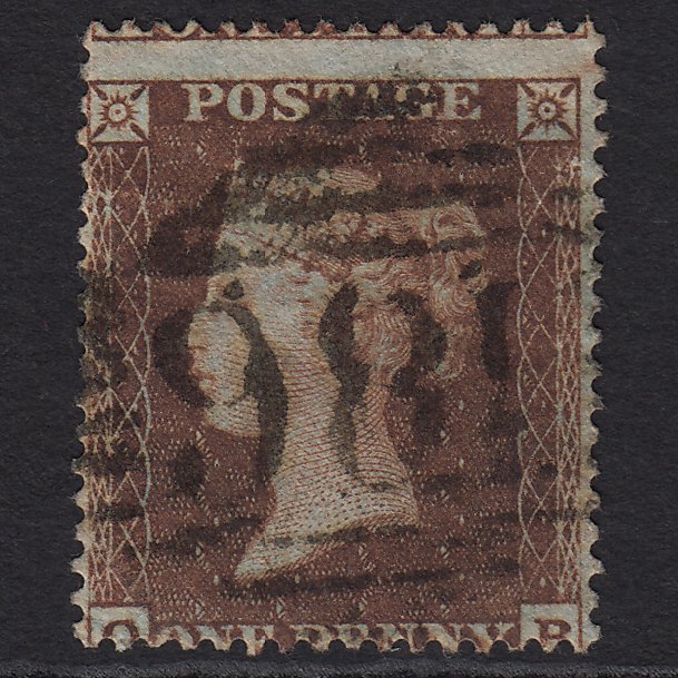 GB QV 1854 1d Plum (Plate 198) SG17-C1(4) OB GU Dublin 186 Misperf