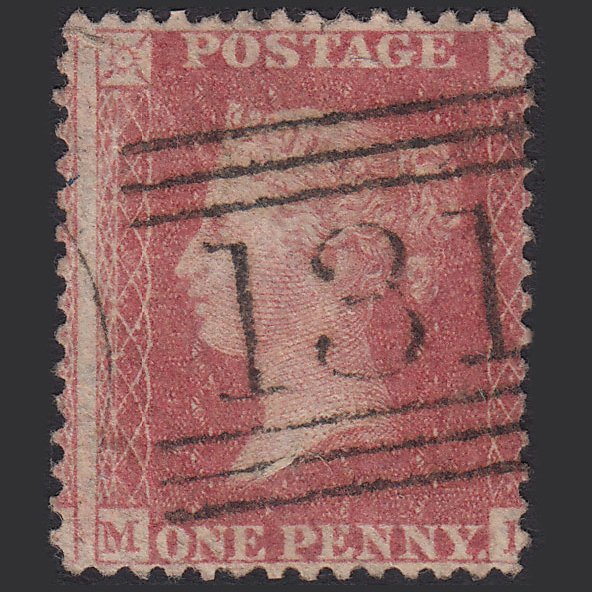 GB QV 1857 1d Pale Rose SG39-C10(3) GU Edinburgh 131 Misperf