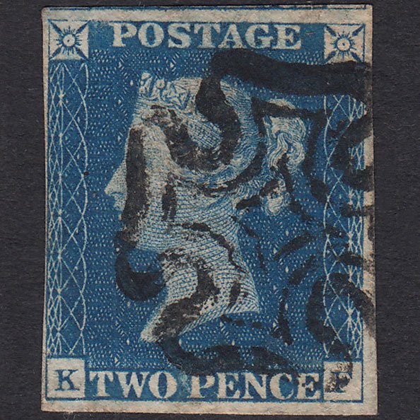 GB QV 1840 2d Blue Plate 1 SG5-D1(2) KF FU 4 Margins Black Maltese Cross