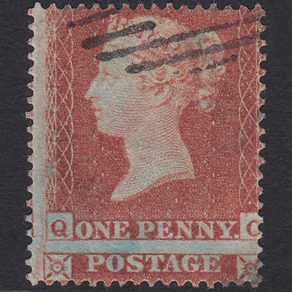 GB QV 1854 1d Red-Brown Pl 155 SG17-C1(1) QC VFU Light Cancel Huge Misperf