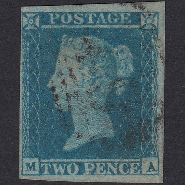 GB QV 1841 2d Blue Plate 4 SG14-E1(2) MA FU 4 Margins