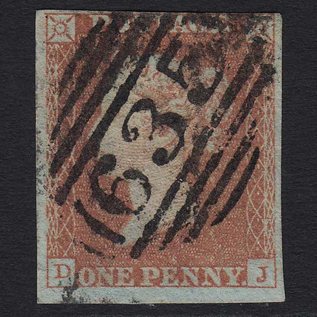 GB QV 1841 1d Red-brown (Plate 95) (SG8) 'DJ' FU Reading (635) 4 Margins