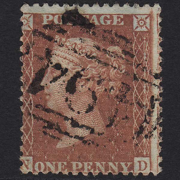 GB QV 1856 1d Red-brown (Plate 27) SG29-C8(1) ND FU Maldon 494