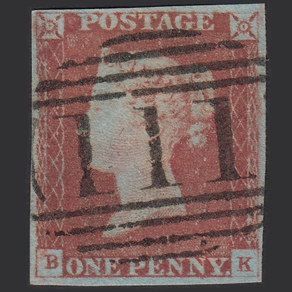 GB QV 1841 1d Very Blued (Plate 74) SG8a-B1(2) BK VFU 4M Imperf Bingley 111
