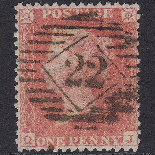 GB QV 1857 1d Pale Rose Transitional (Plate 34) SGC9A(1) QJ GU London IS 22
