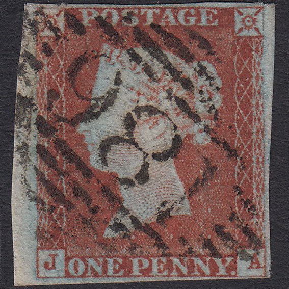 GB QV 1841 1d Red-brown (Plate 49) SG8-B1(1) JA FU 4 Margins Dublin 186