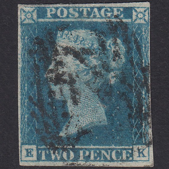 GB QV 1841 2d Blue Plate 3 SG14-E1(2) EK GU 4 Margins Pinhole