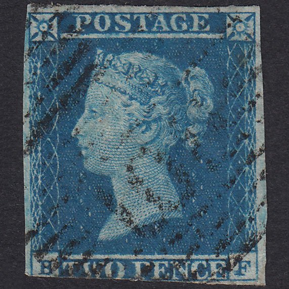 GB QV 1841 2d Blue Plate 4 SG14-E1(2) BF GU 3 Margins Dumfries 108