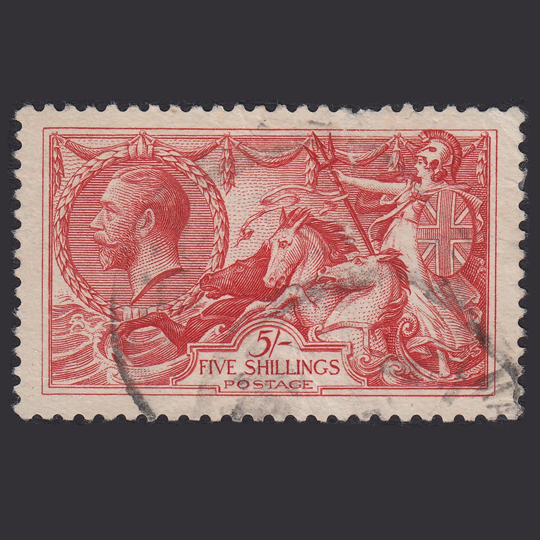 GB KG5 1918 5/- Rose-Red Seahorses SG416-N68(2) FU Light Cancel