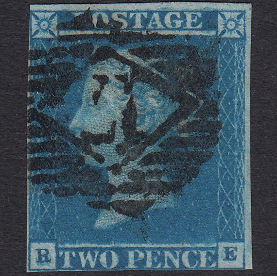 GB QV 1841 2d Blue Plate 3 SG14-E1(2) RE GU Nr 4 Margins London IS 17