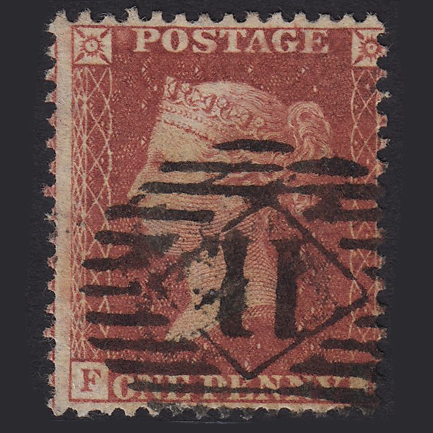 GB QV 1857 1d Rose-red SG40-C10(1) GU London IS 11 Misperf