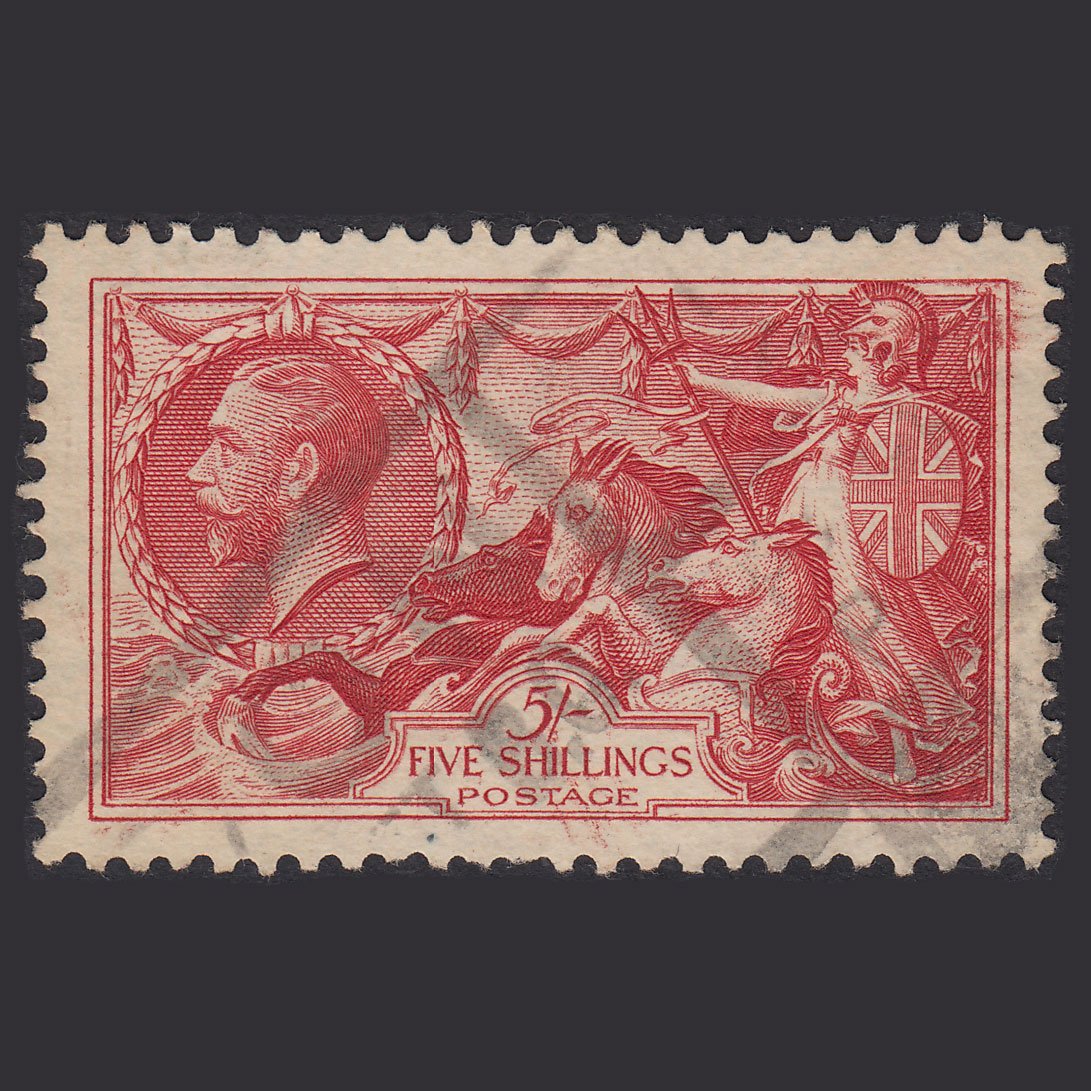 GB KG5 1934 5/- Bright Rose-Red Seahorses SG451-N74 FU Light Cancel
