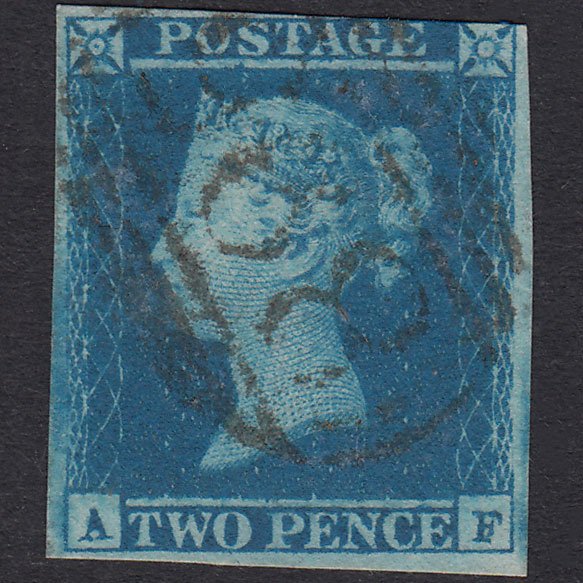GB QV 1841 2d Blue Plate 4 SG14-E1(2) AF FU 3 Margins Wirksworth 895