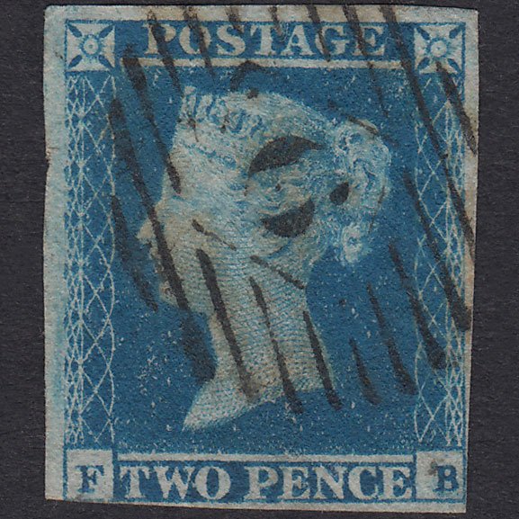 GB QV 1841 2d Blue Plate 4 SG14-E1(2) FB FU Nr 4 Margins London IS Cancel