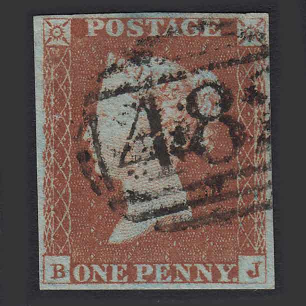GB QV 1841 1d Red-brown (Plate 43) (SG8) 'BJ' FU Luton (482) 4M Imperf