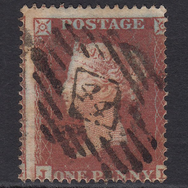GB QV 1854 1d Plum (Plate 180) SG17-C1(4) JH GU London IS 44 Misperf