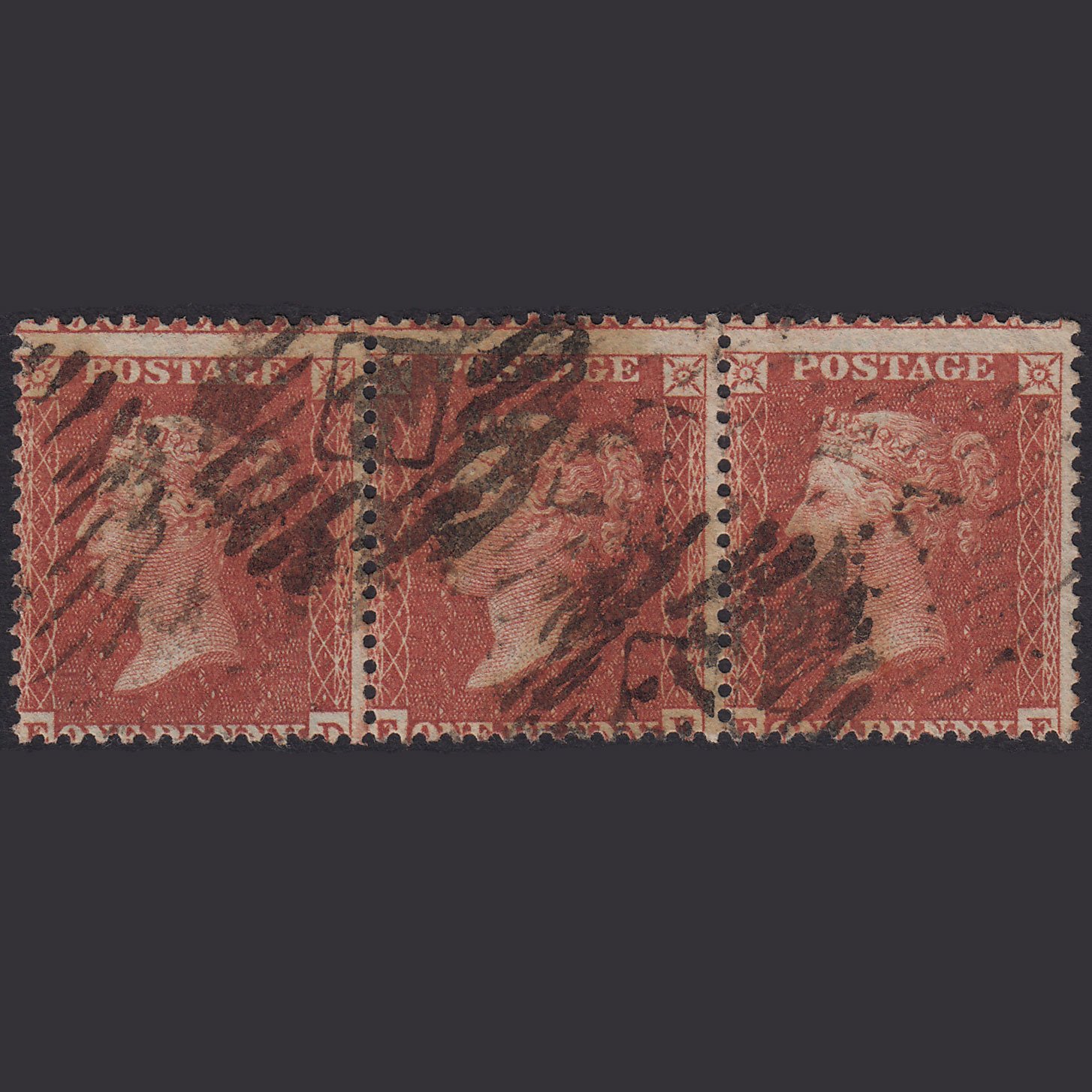 GB QV 1855 1d (Plate 7) SG24-C3(1) ED-EE-EF Strip OF 3 GU London Misperf