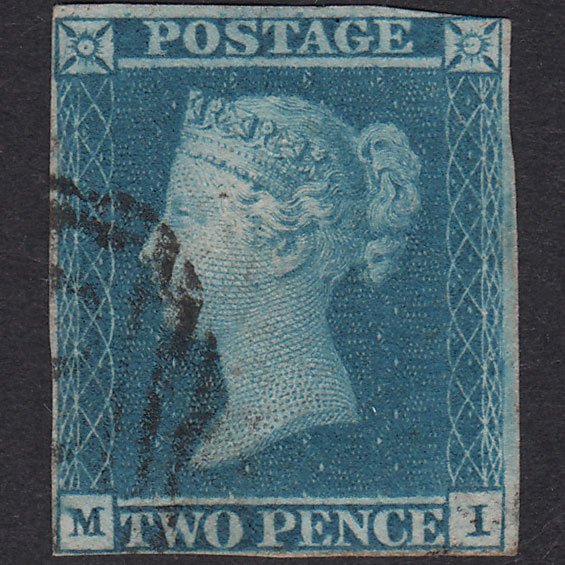 GB QV 1841 2d Blue Plate 3 SG14-E1(2) MI FU Nr 4 Margins Light Cancel