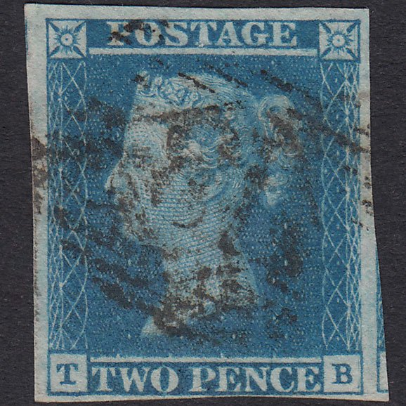 GB QV 1841 2d Blue Plate 3 SG14-E1(2) TB FU 4 Margins London IS Cancel