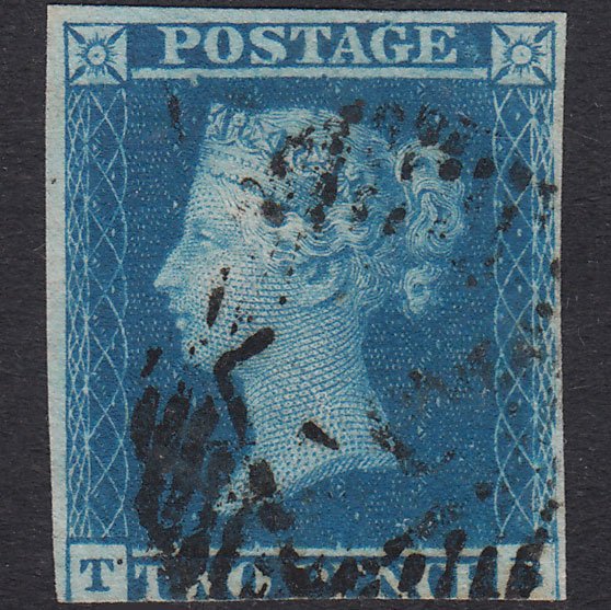 GB QV 1841 2d Blue Plate 3 SG14-E1(2) TB FU 3 Margins London IS Cancel