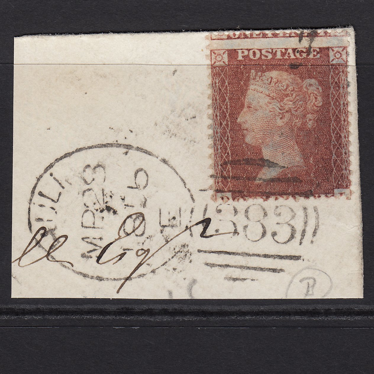 GB QV 1856 1d (Plate 35) SG29-C8(1) DL FU Hull 383 Spoon Large Misperf on Piece