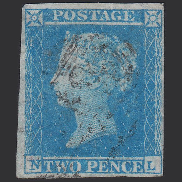 GB QV 1841 2d Bright Pale Blue (Plate 4) SG13-E1(1) NL FU 4M Thin Paper Variety