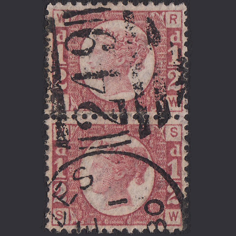 GB QV 1870 1/2d (Plate 14) SG48-G4 RW-SW VFU Pair Devizes 249 Perfect Centring