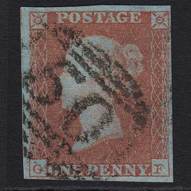 GB QV 1841 1d V Blued (Plate 108) (SG8A) 'GF' FU Barnstaple (50) 4M Imperf