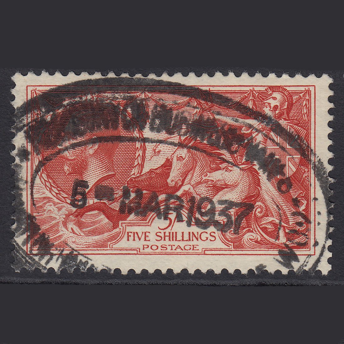 GB Kg5 1934 5/- Bright Rose-red Seahorses SG451-N74 GU
