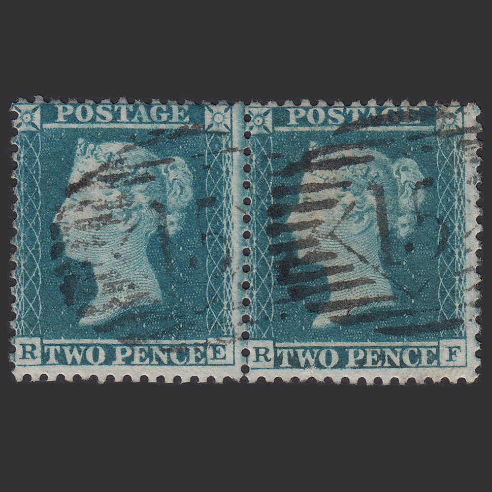 GB QV 1855 2d Greenish Blue (Plate 5) SG34-F6(2) RE-RF FU Pair London IS 15