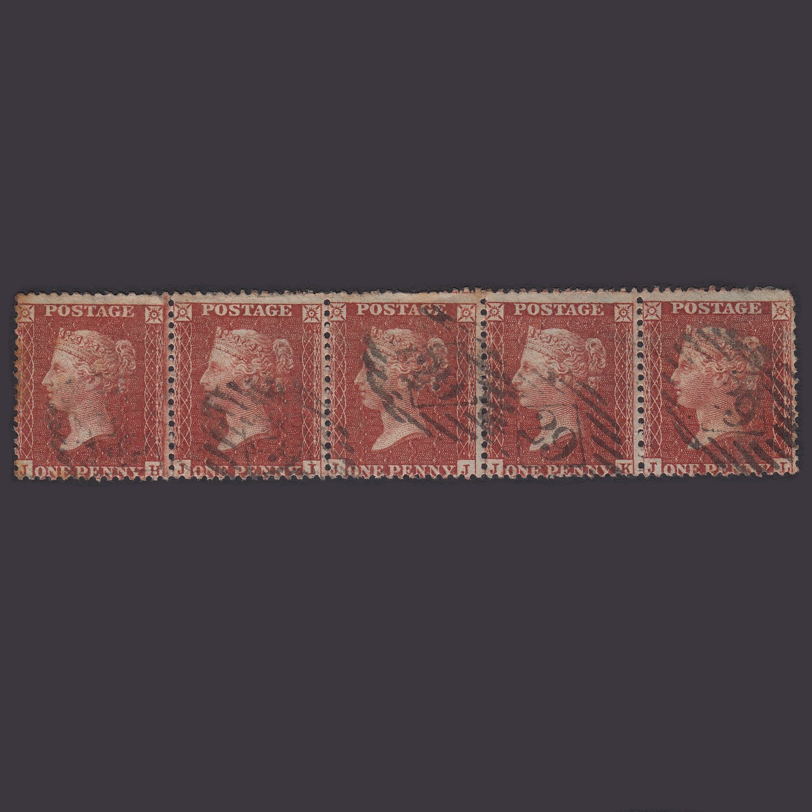 GB QV 1855 1d (Plate 12) SG24-C3(1) JH-JI-JJ-JK-JL GU Strip OF 5 Imprimaturs