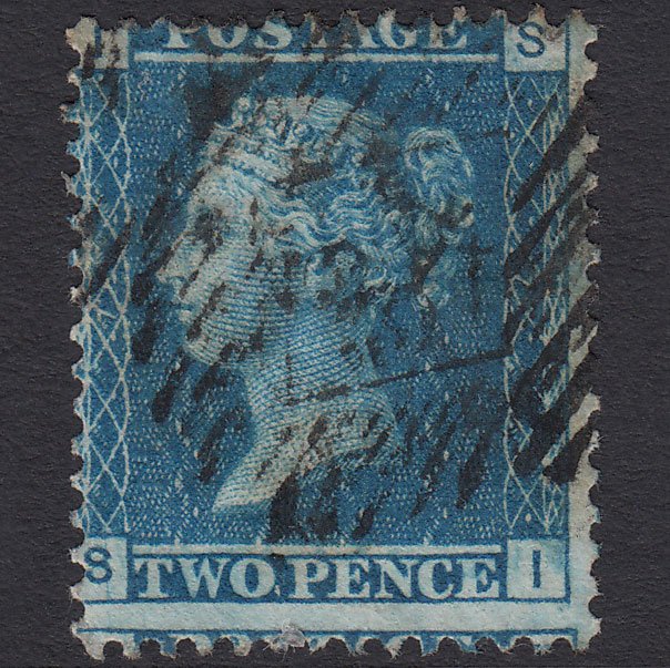 GB QV 1858 2d Blue (Plate 7) SG45-G2 SI FU London IS 34 Misperf