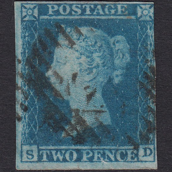 GB QV 1841 2d Blue Plate 4 SG14-E1(2) SD GU 3 Margins London Is Cancel