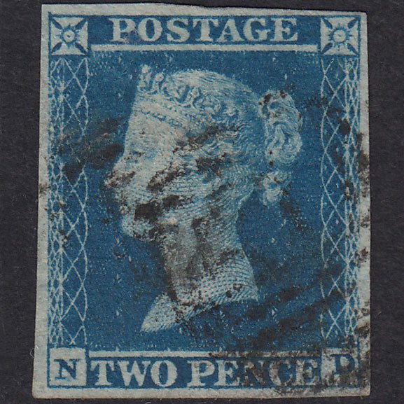 GB QV 1841 2d Blue Plate 4 SG14-E1(2) ND FU 4 Margins