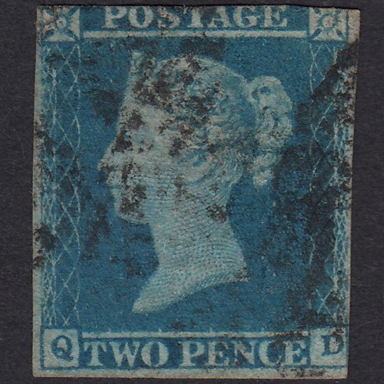 GB QV 1841 2d Blue Plate 4 SG14-E1(2) QD GU Small Cut
