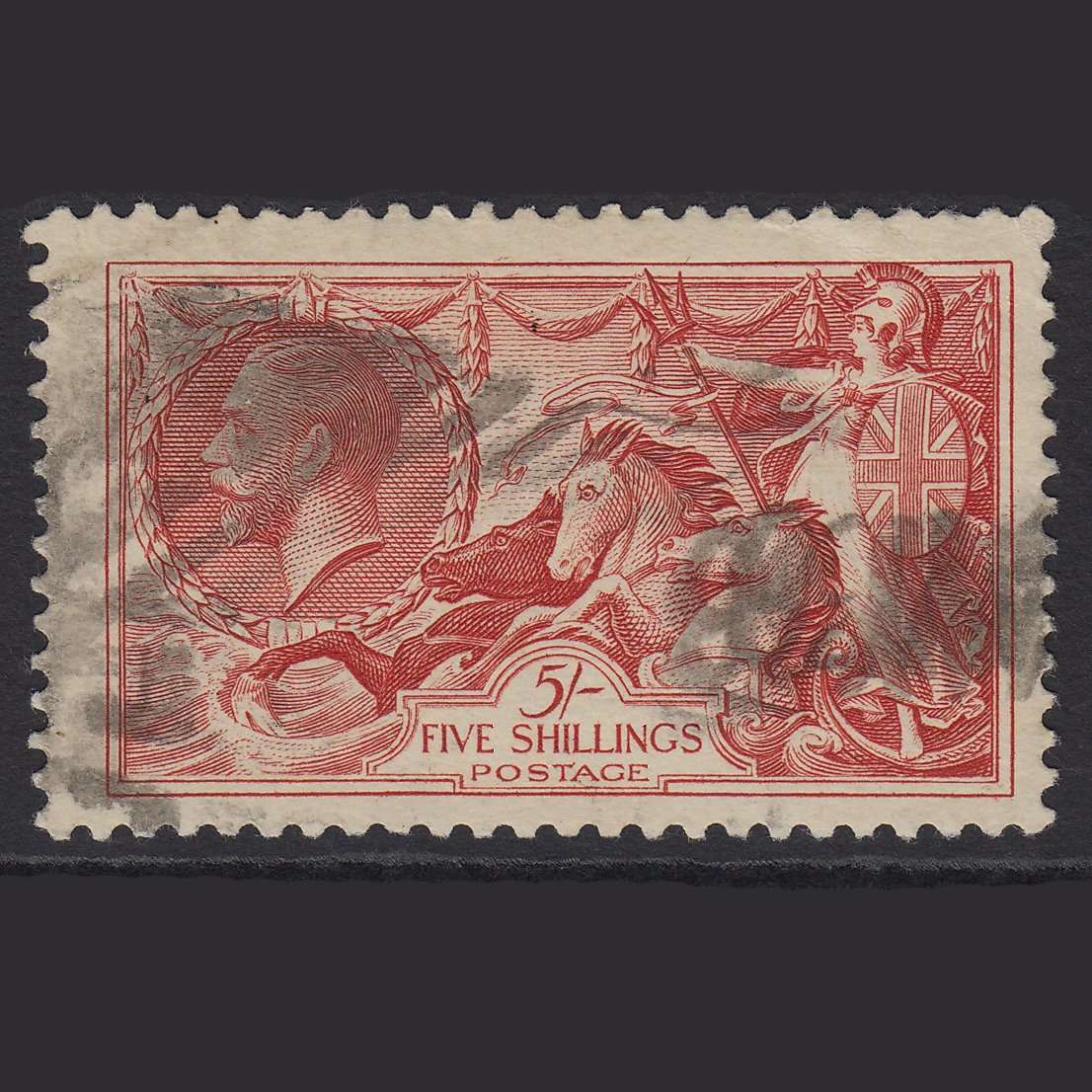 GB Kg5 1934 5/- Bright Rose-red Seahorses SG451-N74 GU Light Cancel
