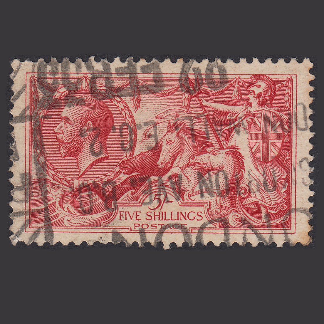 GB Kg5 1918 5/- Rose-red Seahorses SG416-N68(2) GU London Parcel Cancel